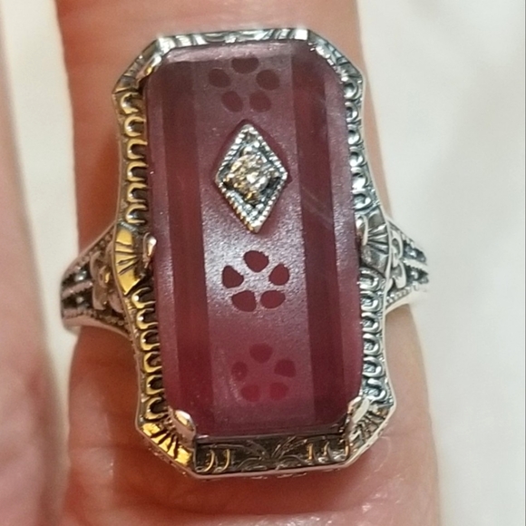 Vintage Jewelry - Vintage Cranberry Camphor Glass White Sapphire Sterling Filigree Ring